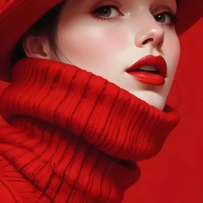 A Close Up Portrait Of A Young Woman With Pale Skin Dark Hair And Bold Red Lips Wearing A Bright Red Turtleneck Sweater Against A Red Background 19 2a97
