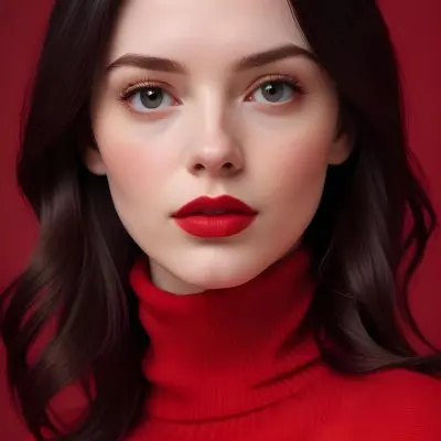 A Close Up Portrait Of A Young Woman With Pale Skin Dark Hair And Bold Red Lips Wearing A Bright Red Turtleneck Sweater Against A Red Background 2 4f88