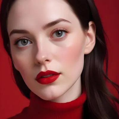 A Close Up Portrait Of A Young Woman With Pale Skin Dark Hair And Bold Red Lips Wearing A Bright Red Turtleneck Sweater Against A Red Background 20 817d
