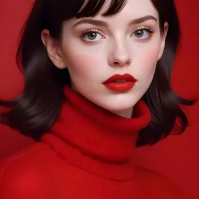 A Close Up Portrait Of A Young Woman With Pale Skin Dark Hair And Bold Red Lips Wearing A Bright Red Turtleneck Sweater Against A Red Background 21 Edb4