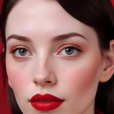 A Close Up Portrait Of A Young Woman With Pale Skin Dark Hair And Bold Red Lips Wearing A Bright Red Turtleneck Sweater Against A Red Background 22 8e51