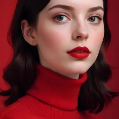 A Close Up Portrait Of A Young Woman With Pale Skin Dark Hair And Bold Red Lips Wearing A Bright Red Turtleneck Sweater Against A Red Background 24 3139