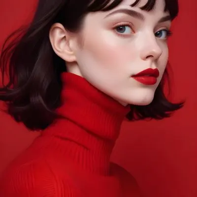 A Close Up Portrait Of A Young Woman With Pale Skin Dark Hair And Bold Red Lips Wearing A Bright Red Turtleneck Sweater Against A Red Background 25 0079