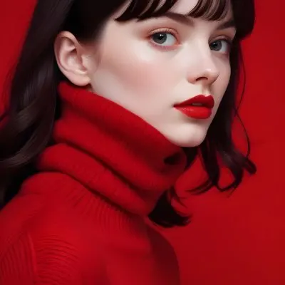 A Close Up Portrait Of A Young Woman With Pale Skin Dark Hair And Bold Red Lips Wearing A Bright Red Turtleneck Sweater Against A Red Background 26 F6c3