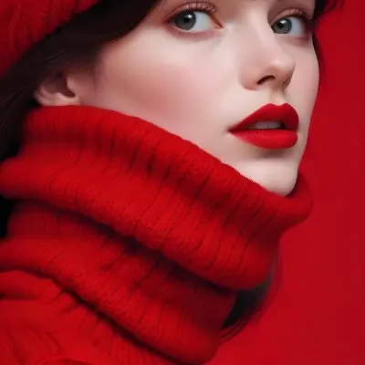 A Close Up Portrait Of A Young Woman With Pale Skin Dark Hair And Bold Red Lips Wearing A Bright Red Turtleneck Sweater Against A Red Background 27 6141