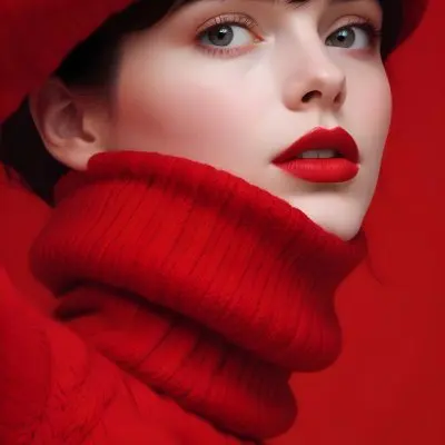 A Close Up Portrait Of A Young Woman With Pale Skin Dark Hair And Bold Red Lips Wearing A Bright Red Turtleneck Sweater Against A Red Background 29
