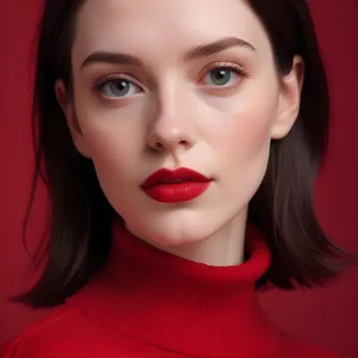 A Close Up Portrait Of A Young Woman With Pale Skin Dark Hair And Bold Red Lips Wearing A Bright Red Turtleneck Sweater Against A Red Background 3