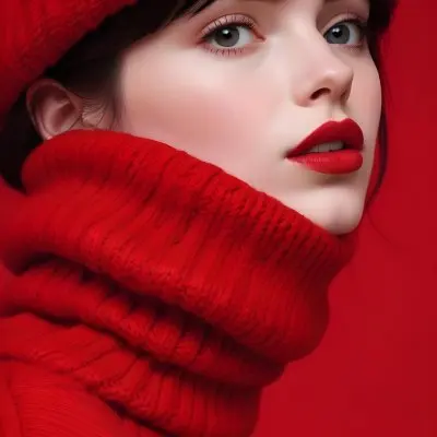 A Close Up Portrait Of A Young Woman With Pale Skin Dark Hair And Bold Red Lips Wearing A Bright Red Turtleneck Sweater Against A Red Background 30 9fb2
