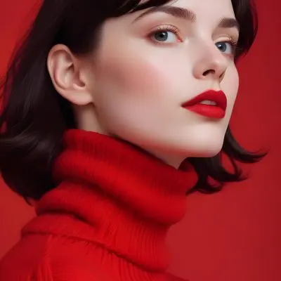 A Close Up Portrait Of A Young Woman With Pale Skin Dark Hair And Bold Red Lips Wearing A Bright Red Turtleneck Sweater Against A Red Background 31 6120
