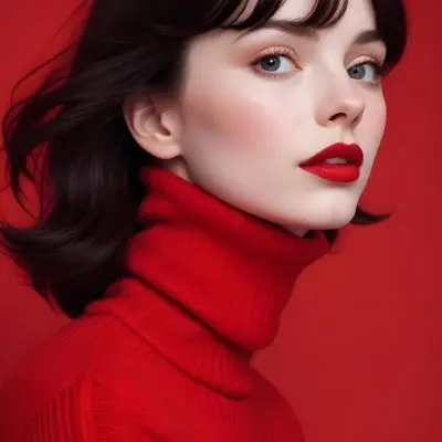 A Close Up Portrait Of A Young Woman With Pale Skin Dark Hair And Bold Red Lips Wearing A Bright Red Turtleneck Sweater Against A Red Background 34