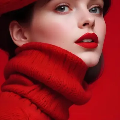 A Close Up Portrait Of A Young Woman With Pale Skin Dark Hair And Bold Red Lips Wearing A Bright Red Turtleneck Sweater Against A Red Background 36 B3ad