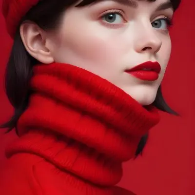 A Close Up Portrait Of A Young Woman With Pale Skin Dark Hair And Bold Red Lips Wearing A Bright Red Turtleneck Sweater Against A Red Background 37 Fa3f