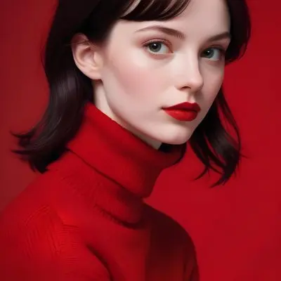 A Close Up Portrait Of A Young Woman With Pale Skin Dark Hair And Bold Red Lips Wearing A Bright Red Turtleneck Sweater Against A Red Background 38 589e