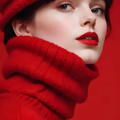 A Close Up Portrait Of A Young Woman With Pale Skin Dark Hair And Bold Red Lips Wearing A Bright Red Turtleneck Sweater Against A Red Background 39 8a25