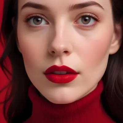 A Close Up Portrait Of A Young Woman With Pale Skin Dark Hair And Bold Red Lips Wearing A Bright Red Turtleneck Sweater Against A Red Background 4 2b10