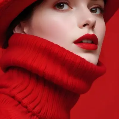 A Close Up Portrait Of A Young Woman With Pale Skin Dark Hair And Bold Red Lips Wearing A Bright Red Turtleneck Sweater Against A Red Background 40