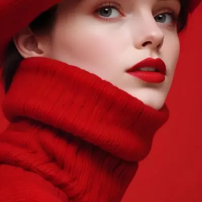 A Close Up Portrait Of A Young Woman With Pale Skin Dark Hair And Bold Red Lips Wearing A Bright Red Turtleneck Sweater Against A Red Background 41 511a