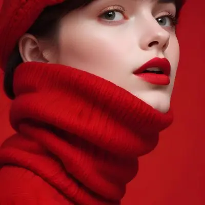 A Close Up Portrait Of A Young Woman With Pale Skin Dark Hair And Bold Red Lips Wearing A Bright Red Turtleneck Sweater Against A Red Background 5 Acfb