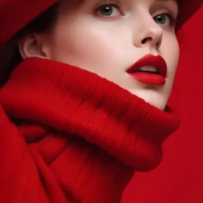 A Close Up Portrait Of A Young Woman With Pale Skin Dark Hair And Bold Red Lips Wearing A Bright Red Turtleneck Sweater Against A Red Background 7 9319