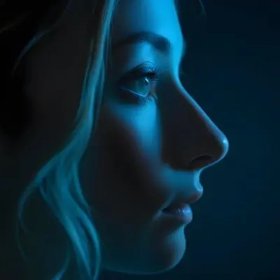A Close Up Profile Of A Young Female With Fair Skin And Light Green Eyes The Lighting Is Predominantly Blue Highlighting The Contours Of Her Face And Creating A Dramatic Effect Against A Dark Background 10 F902