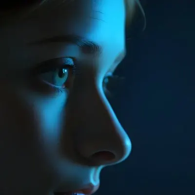A Close Up Profile Of A Young Female With Fair Skin And Light Green Eyes The Lighting Is Predominantly Blue Highlighting The Contours Of Her Face And Creating A Dramatic Effect Against A Dark Background 53 Ac67