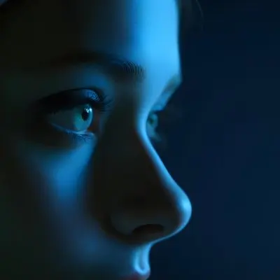 A Close Up Profile Of A Young Female With Fair Skin And Light Green Eyes The Lighting Is Predominantly Blue Highlighting The Contours Of Her Face And Creating A Dramatic Effect Against A Dark Background 54 Daaa