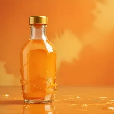 A Close Up Shot Of An Orange Glass Bottle With A Gold Cap Surrounded By Orange And Yellow Splashes Of Liquid Against A Blurred Orange Background 13