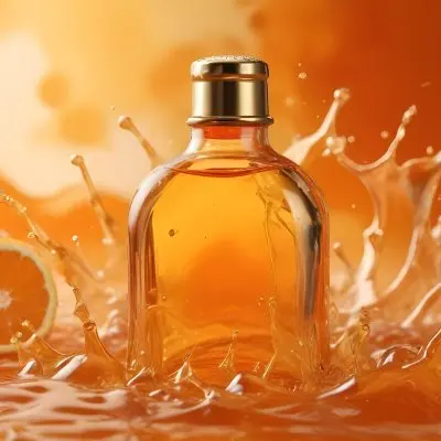 A Close Up Shot Of An Orange Glass Bottle With A Gold Cap Surrounded By Orange And Yellow Splashes Of Liquid Against A Blurred Orange Background 15 1c17