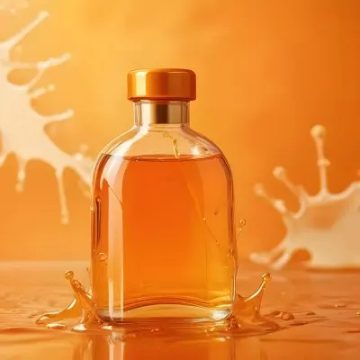 A Close Up Shot Of An Orange Glass Bottle With A Gold Cap Surrounded By Orange And Yellow Splashes Of Liquid Against A Blurred Orange Background 16
