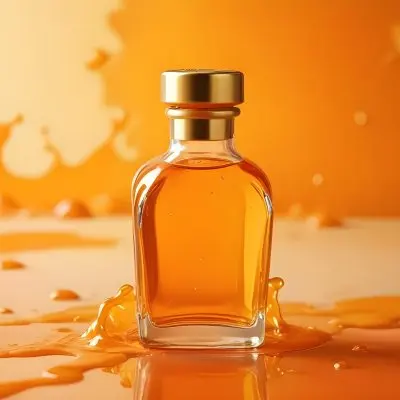 A Close Up Shot Of An Orange Glass Bottle With A Gold Cap Surrounded By Orange And Yellow Splashes Of Liquid Against A Blurred Orange Background 18 49e6