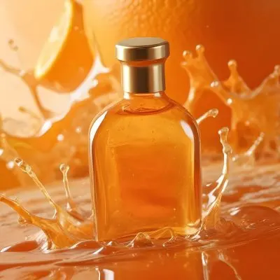 A Close Up Shot Of An Orange Glass Bottle With A Gold Cap Surrounded By Orange And Yellow Splashes Of Liquid Against A Blurred Orange Background 19 9b2b