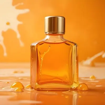 A Close Up Shot Of An Orange Glass Bottle With A Gold Cap Surrounded By Orange And Yellow Splashes Of Liquid Against A Blurred Orange Background 2