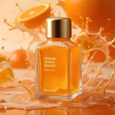 A Close Up Shot Of An Orange Glass Bottle With A Gold Cap Surrounded By Orange And Yellow Splashes Of Liquid Against A Blurred Orange Background 22 E6b6