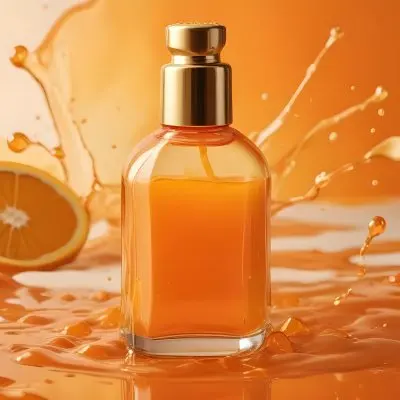 A Close Up Shot Of An Orange Glass Bottle With A Gold Cap Surrounded By Orange And Yellow Splashes Of Liquid Against A Blurred Orange Background 23 A1ed