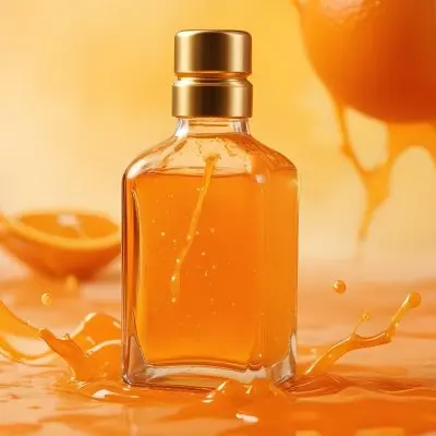 A Close Up Shot Of An Orange Glass Bottle With A Gold Cap Surrounded By Orange And Yellow Splashes Of Liquid Against A Blurred Orange Background 4 2686