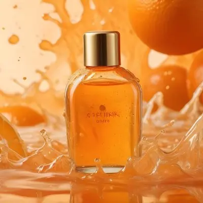 A Close Up Shot Of An Orange Glass Bottle With A Gold Cap Surrounded By Orange And Yellow Splashes Of Liquid Against A Blurred Orange Background 6 1695