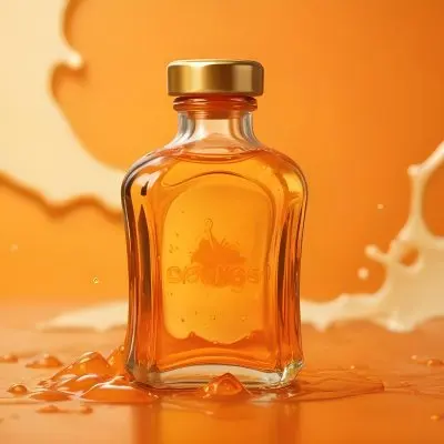 A Close Up Shot Of An Orange Glass Bottle With A Gold Cap Surrounded By Orange And Yellow Splashes Of Liquid Against A Blurred Orange Background 7 D4a3