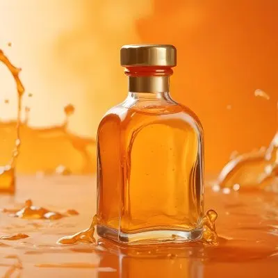 A Close Up Shot Of An Orange Glass Bottle With A Gold Cap Surrounded By Orange And Yellow Splashes Of Liquid Against A Blurred Orange Background 8 6e73