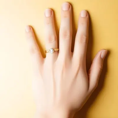 A Close Up View Of A Hand With A Ring On One Of The Fingers Against A Yellow Background 4 6036