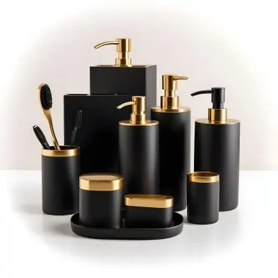 A Collection Of Black And Gold Bathroom Accessories Including A Soap Dispenser Toothbrush Holder And Towel Rack 8 Cfc0