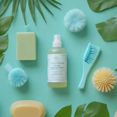 A Collection Of Green And White Eco Friendly Cleaning Products And Accessories Including A Spray Bottle Soap Bar And Various Brushes Set Against A Green Leaf Background 4