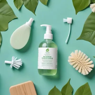 A Collection Of Green And White Eco Friendly Cleaning Products And Accessories Including A Spray Bottle Soap Bar And Various Brushes Set Against A Green Leaf Background 8 9eea