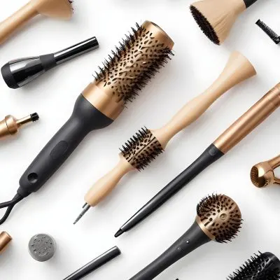 A Collection Of Hair Styling Tools Including A Round Brush Hair Dryer And Brush On A White Background 7