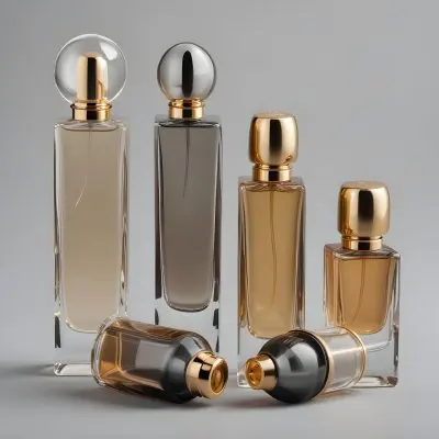 A Collection Of Luxury Glass Perfume Bottles With Gold Colored Caps And Accents Arranged On A Gray Background 14 63ca