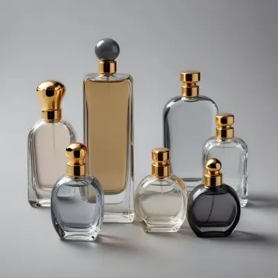 A Collection Of Luxury Glass Perfume Bottles With Gold Colored Caps And Accents Arranged On A Gray Background 15 8515