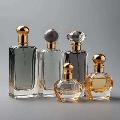 A Collection Of Luxury Glass Perfume Bottles With Gold Colored Caps And Accents Arranged On A Gray Background 17 F6dd
