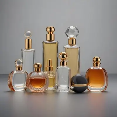 A Collection Of Luxury Glass Perfume Bottles With Gold Colored Caps And Accents Arranged On A Gray Background 2 Cedc