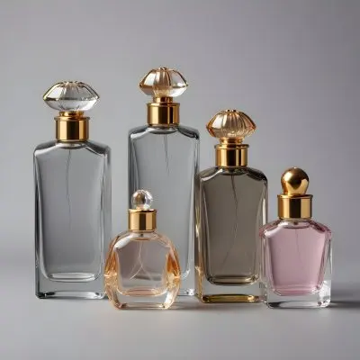 A Collection Of Luxury Glass Perfume Bottles With Gold Colored Caps And Accents Arranged On A Gray Background 22 Bc0f