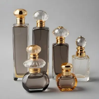A Collection Of Luxury Glass Perfume Bottles With Gold Colored Caps And Accents Arranged On A Gray Background 24 2747
