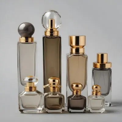 A Collection Of Luxury Glass Perfume Bottles With Gold Colored Caps And Accents Arranged On A Gray Background 26 0dec